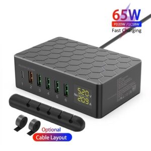USB Charging Station 6-Port 65W QC3.0 USB Charger Station Multi Ports USB-A Charging Hub with LED Display Compact Desktop Charger for Multiple Devices