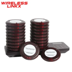 WirelessLinkx Restaurant Pager Calling Paging System 20 Coaster Buzzers Dual Charging Base For Cafe Church Clinic Food Court